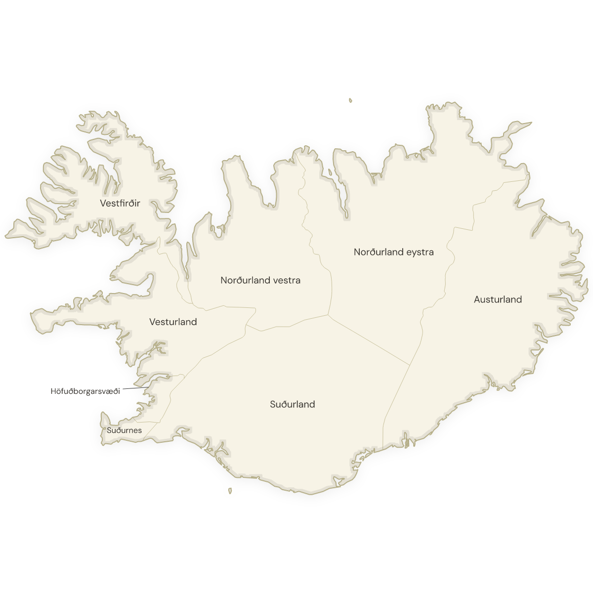 Blank map of Iceland with labeled Regions
