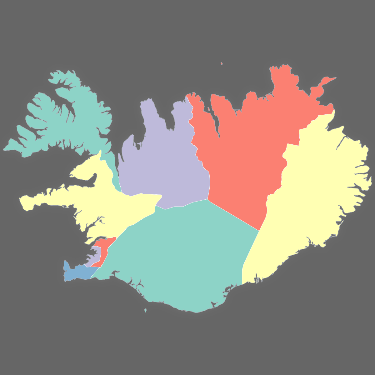 Dark themed map of Iceland with Regions
