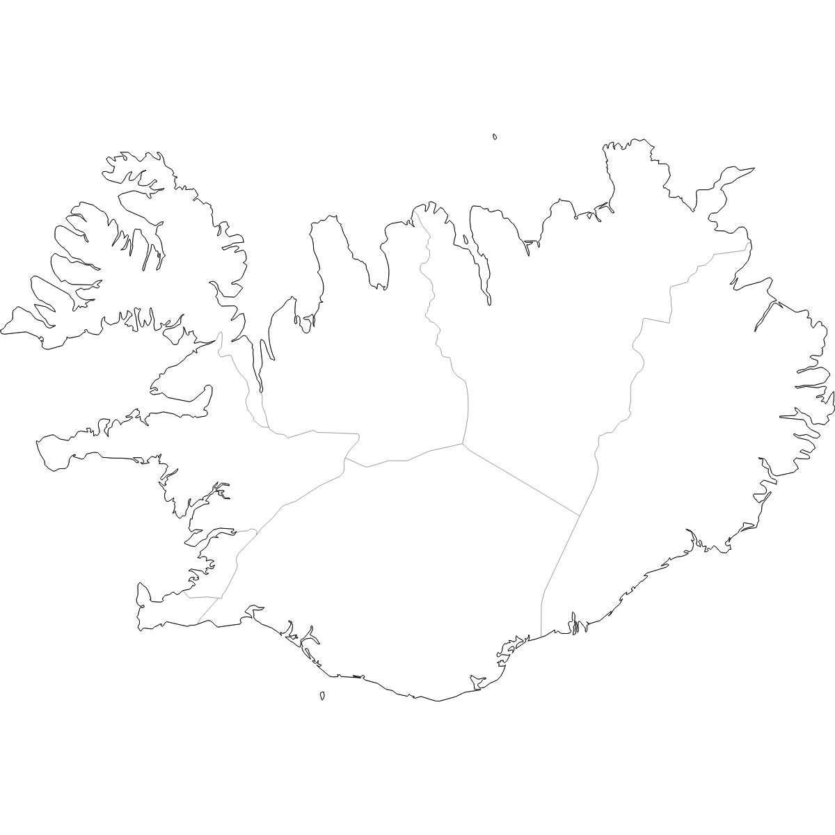 Blank outline map of Iceland Regions showing region borders
