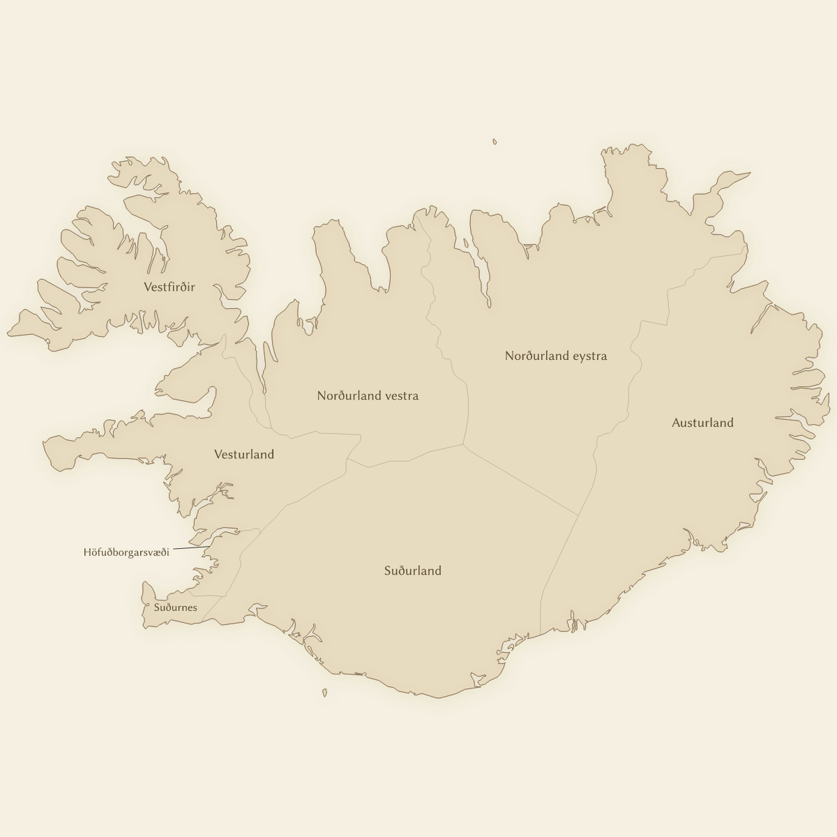 Vintage styled map of Iceland with Regions