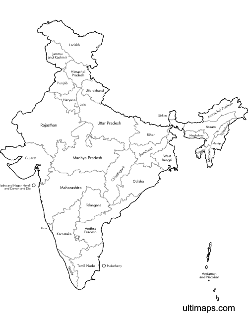 Preview of Labeled Map of India (A4)