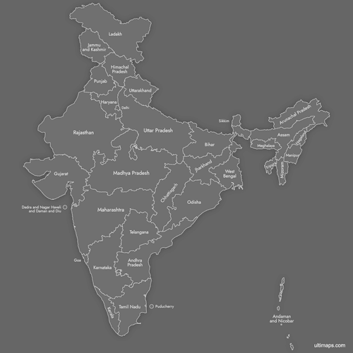 Preview of Labeled Map of India (Dark)