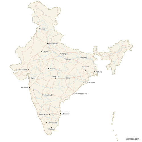 Map of India with Cities and Roads