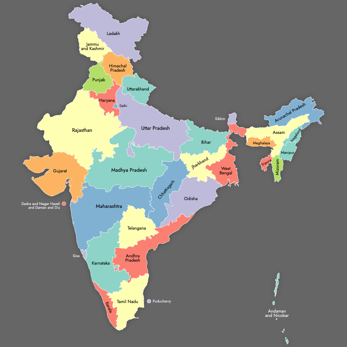 Custom Map of India with Labels (Dark Theme)