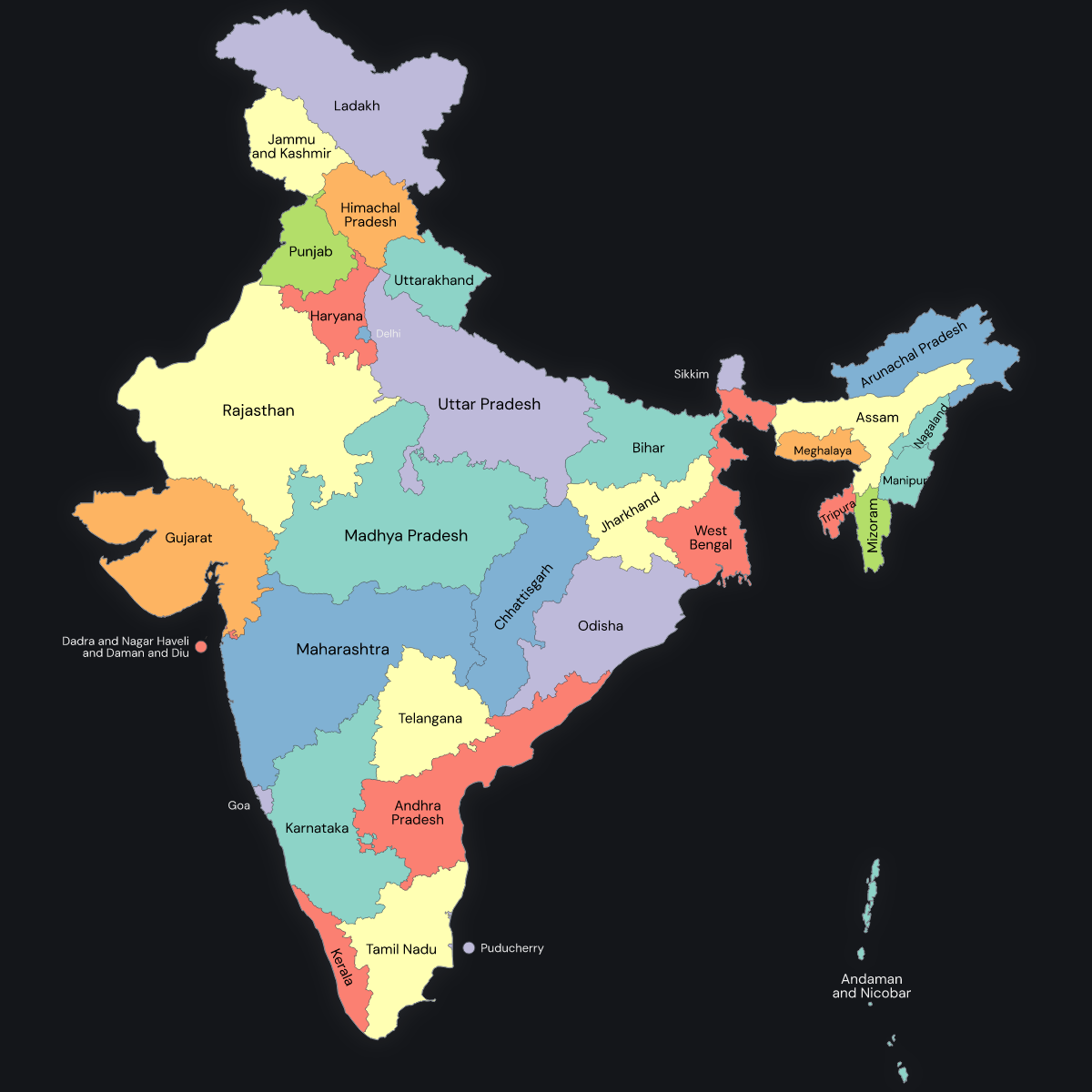 Dark themed map of India with States and Union Territories