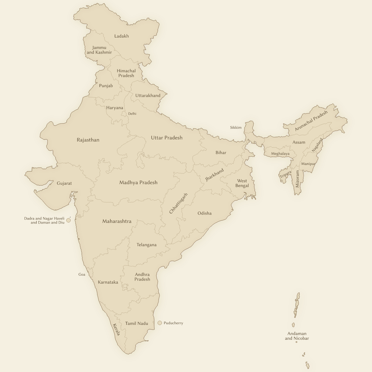 Vintage styled map of India with States and Union Territories