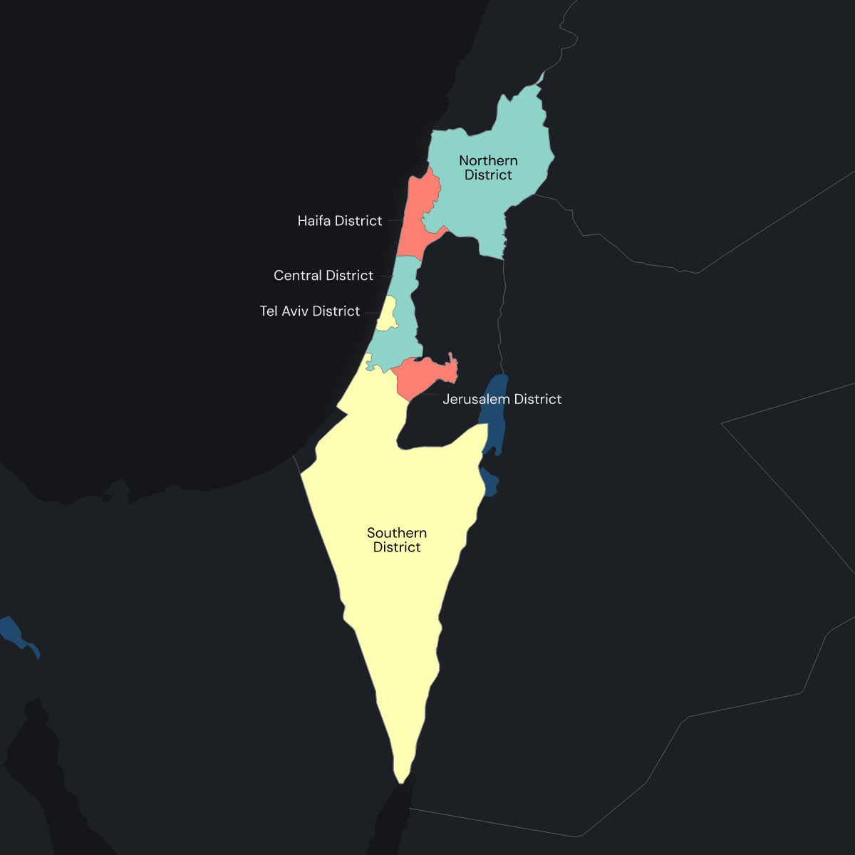 Dark themed map of Israel with Districts