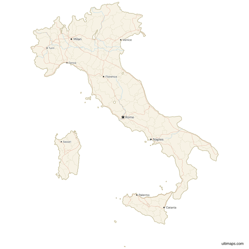 Map of Italy with Cities and Roads