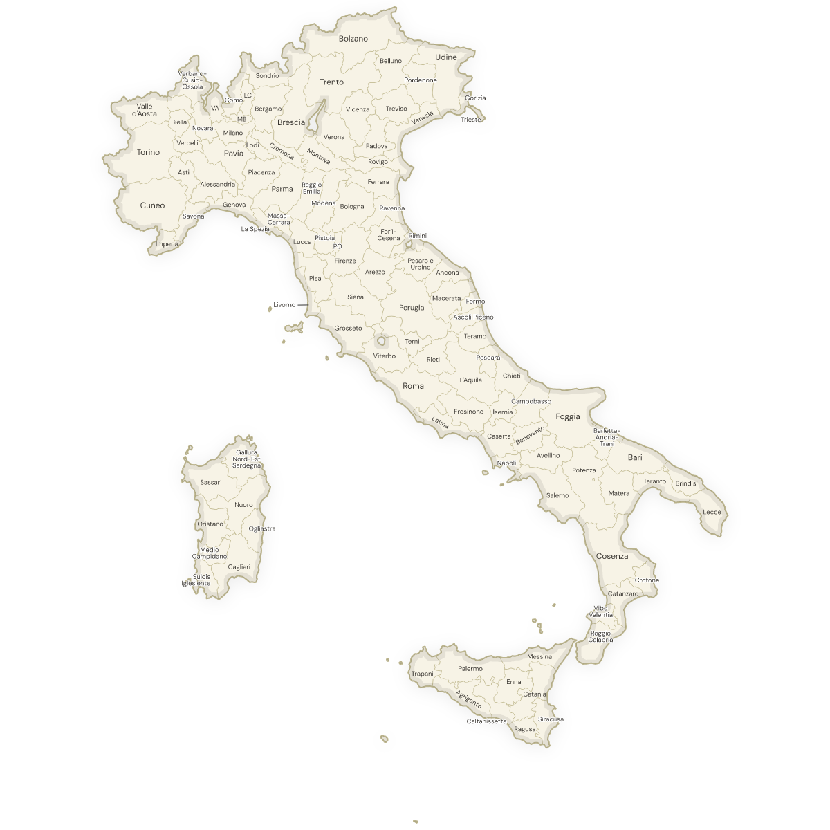 Blank map of Italy with labeled Provinces