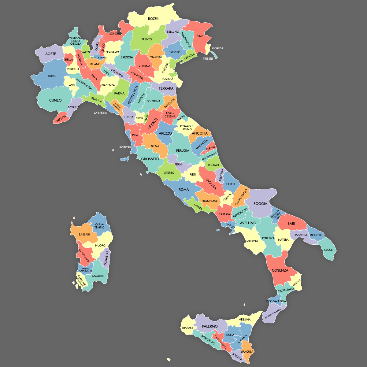 Custom Map of Italy Provinces with Labels (Dark Theme)