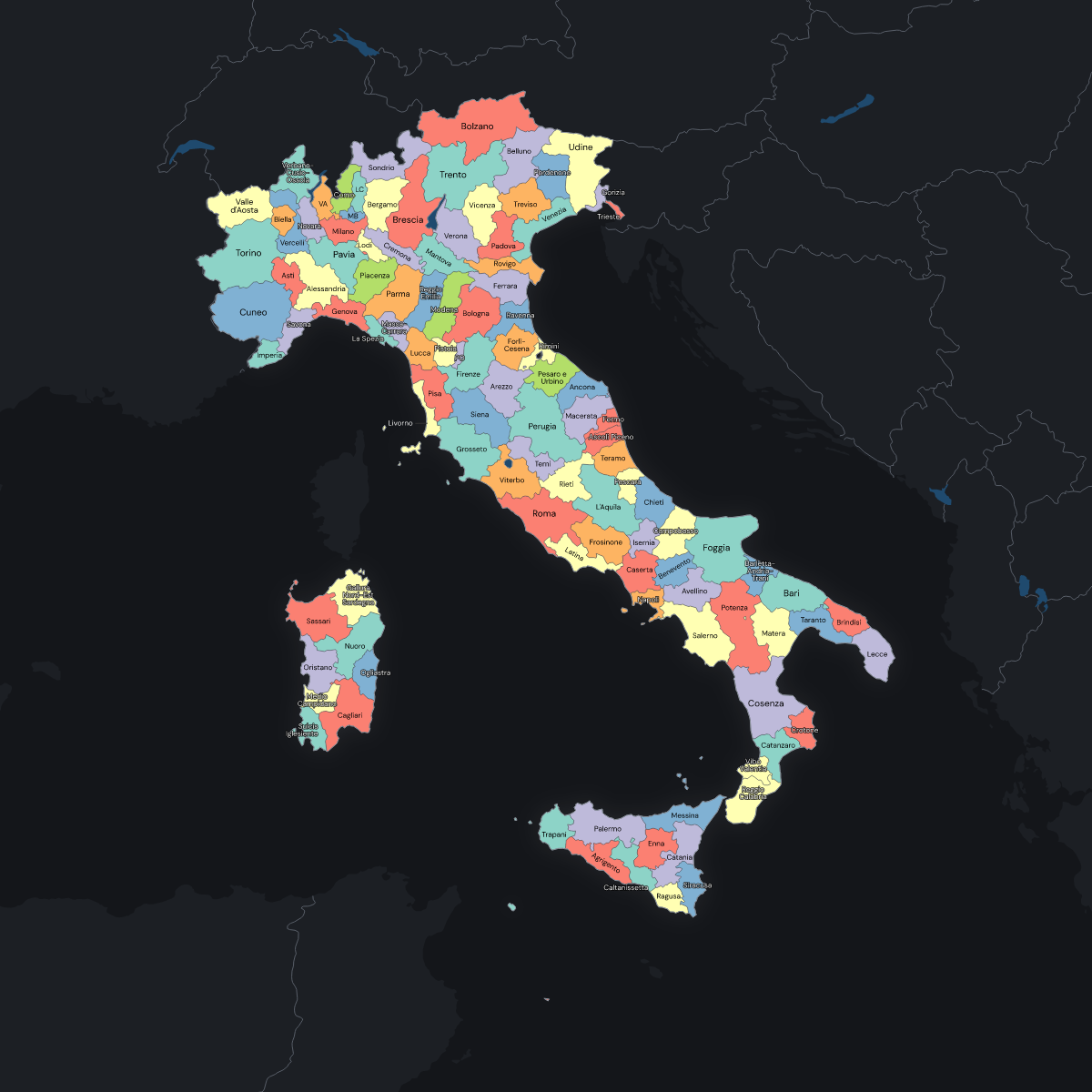 Dark themed map of Italy with Provinces