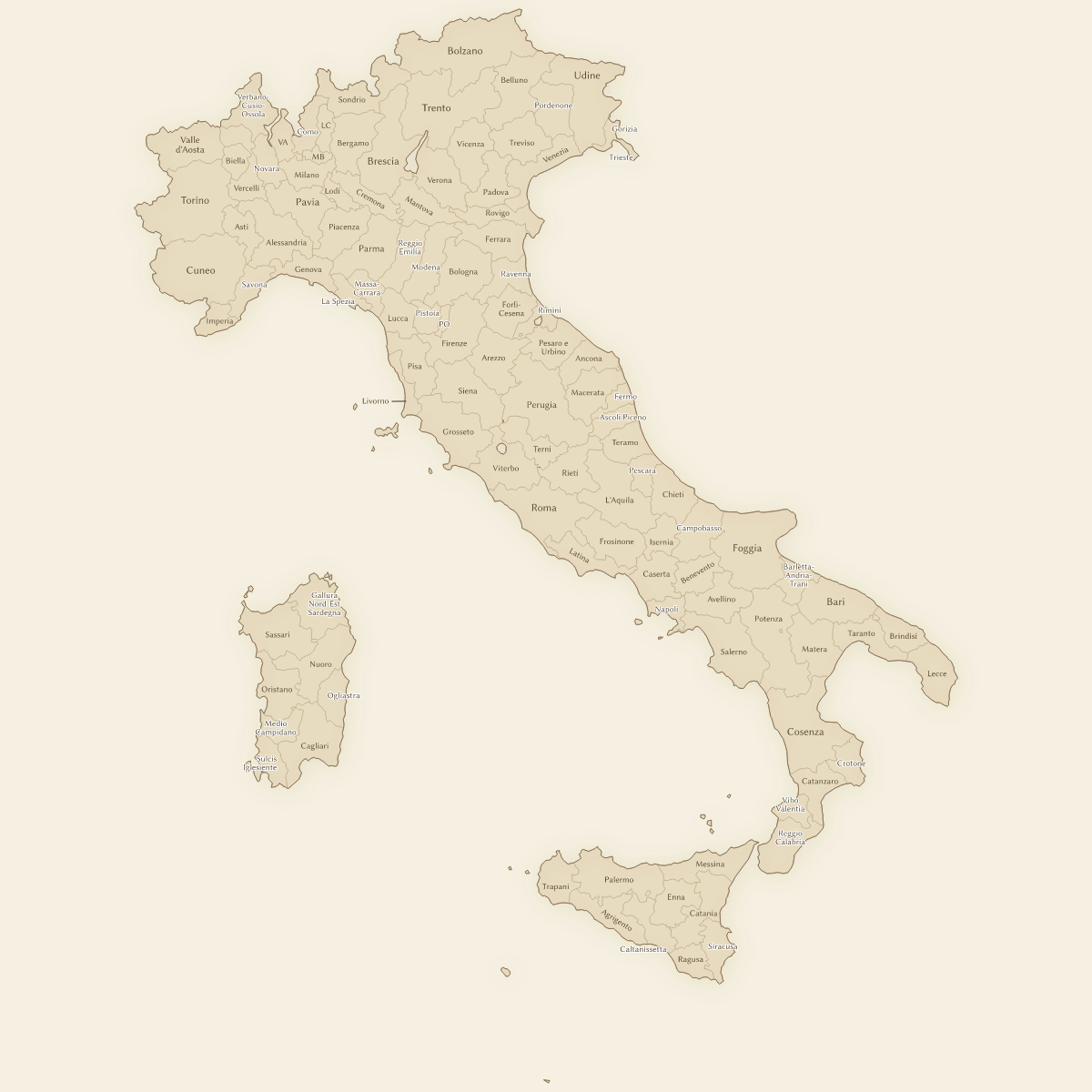 Vintage styled map of Italy with Provinces