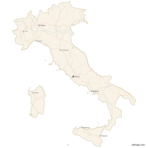 Map of Italy with Cities and Roads