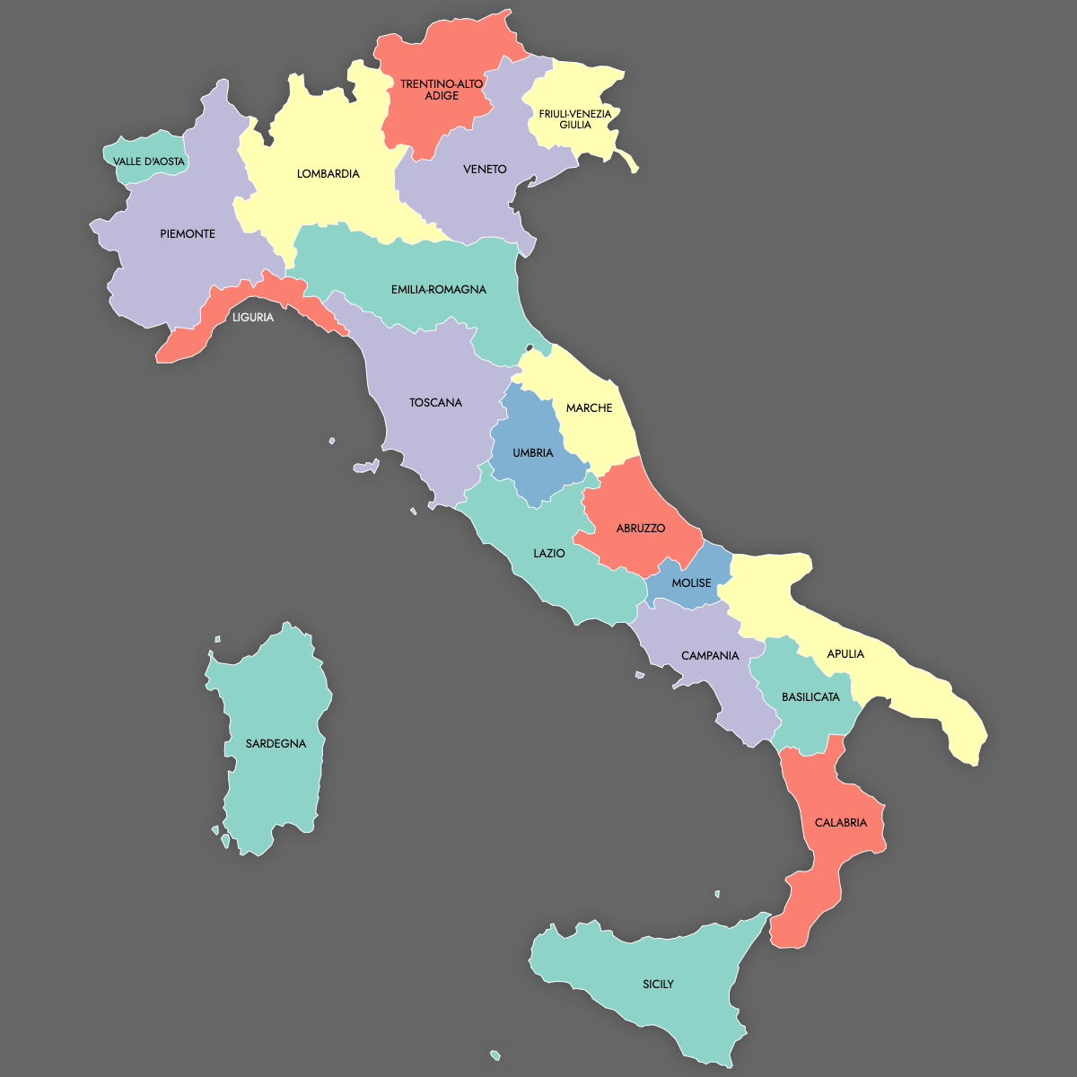 Custom Map of Italy Regions with Labels (Dark Theme)