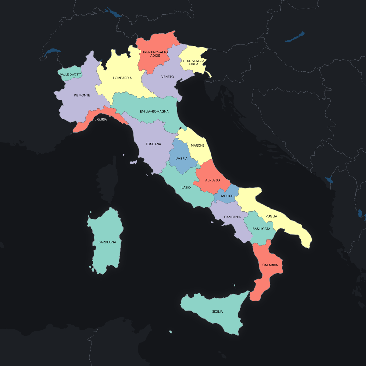 Dark themed map of Italy with Regions
