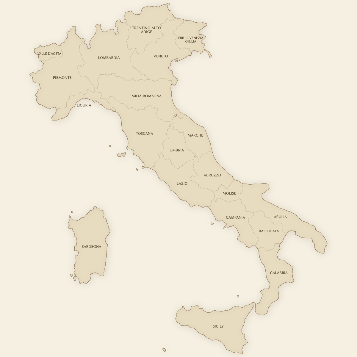 Styled Map of Italy Regions (Vintage Theme)