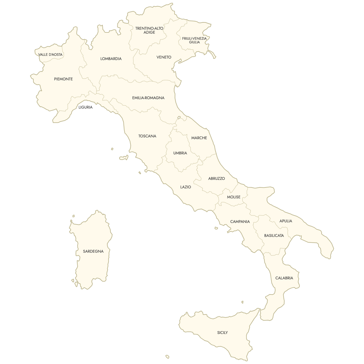 Unstyled Map of Italy Regions With Labels