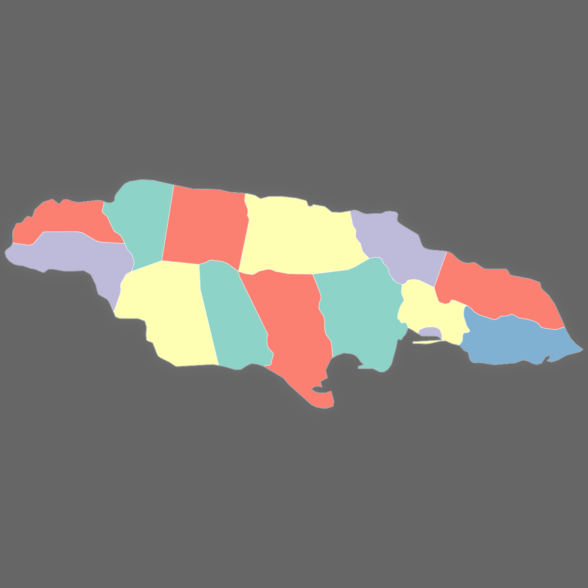 Dark themed map of Jamaica with Parishes