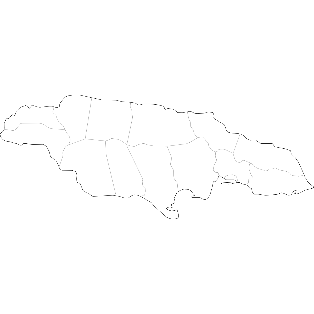 Blank outline map of Jamaica showing parish borders