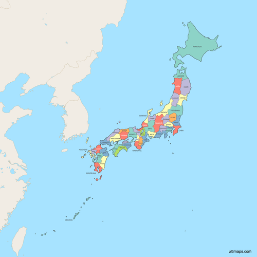 Preview of Colored Map of Japan Prefectures with Surrounding Areas