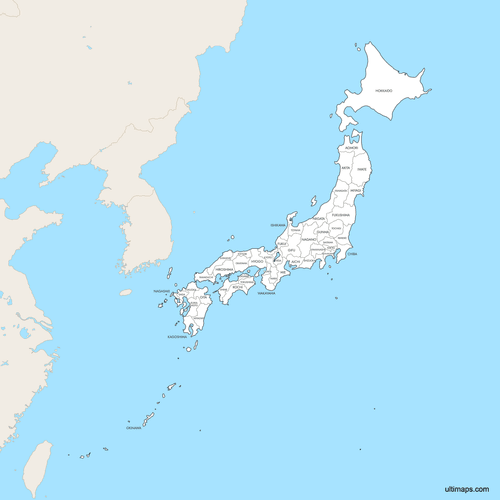 Preview of Labeled Map of Japan Prefectures with Surrounding Areas
