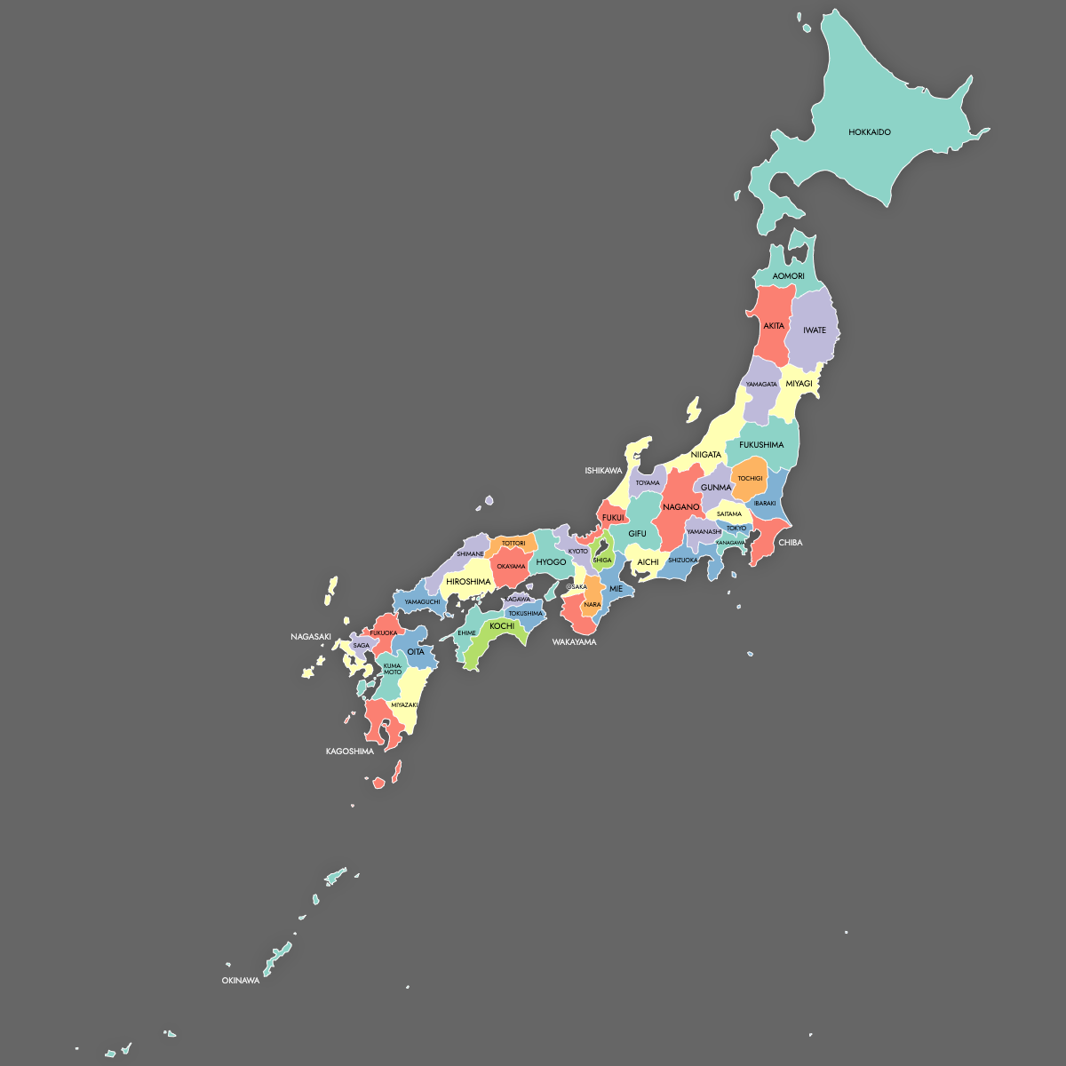 Custom Map of Japan Prefectures with Labels (Dark Theme)