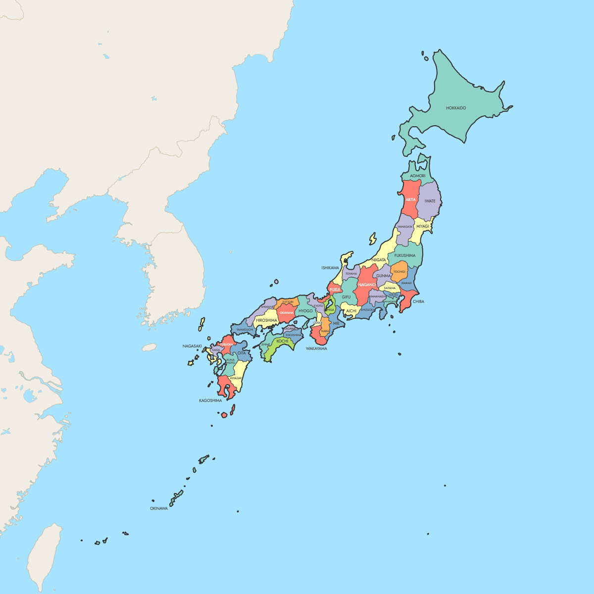 Custom Map of Japan Prefectures with Surrounding Areas
