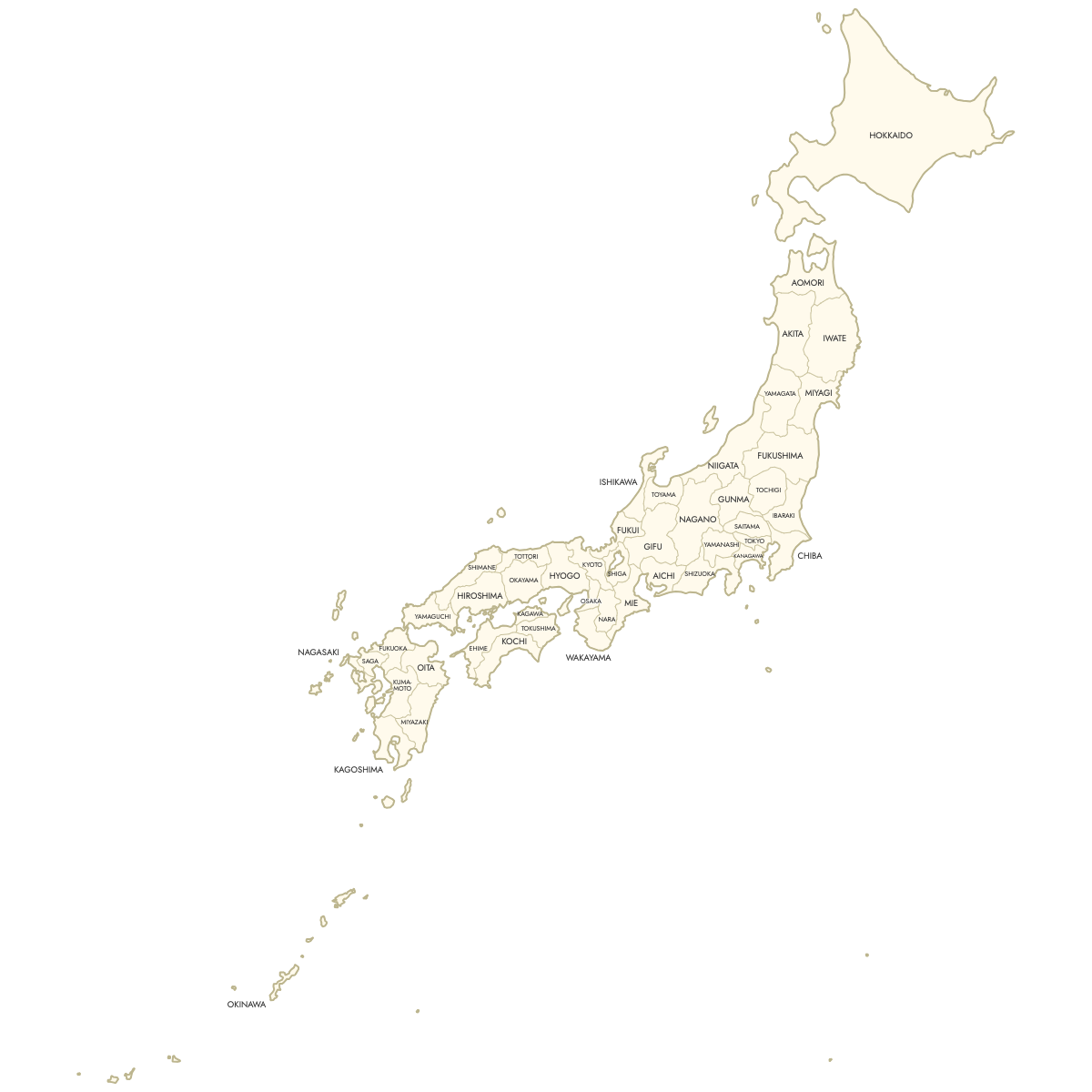 Unstyled Map of Japan Prefectures With Labels