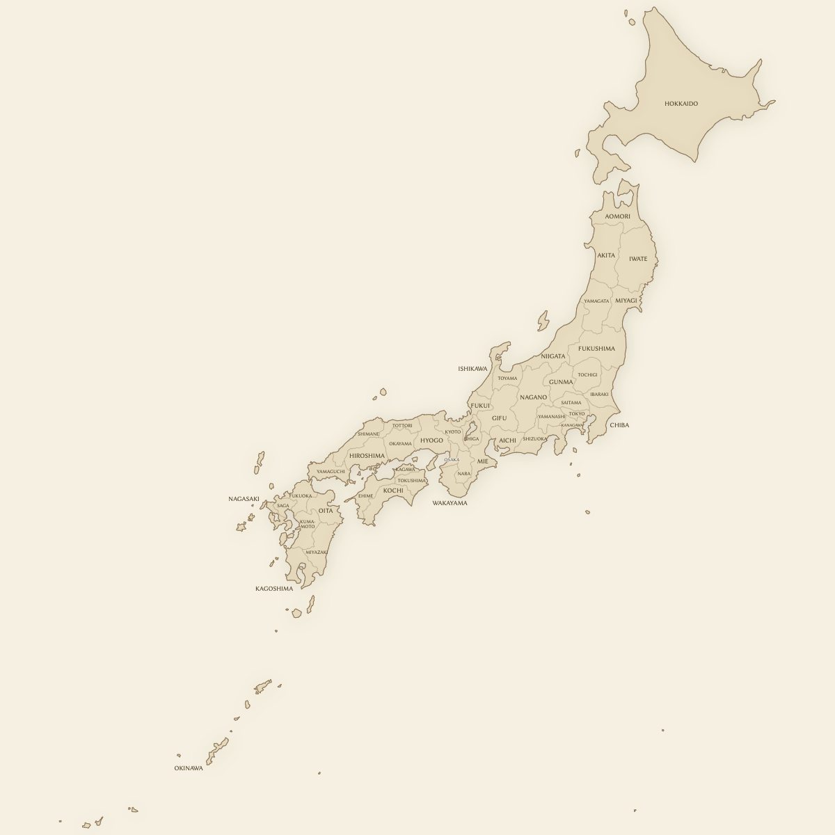 Vintage styled map of Japan with Prefectures