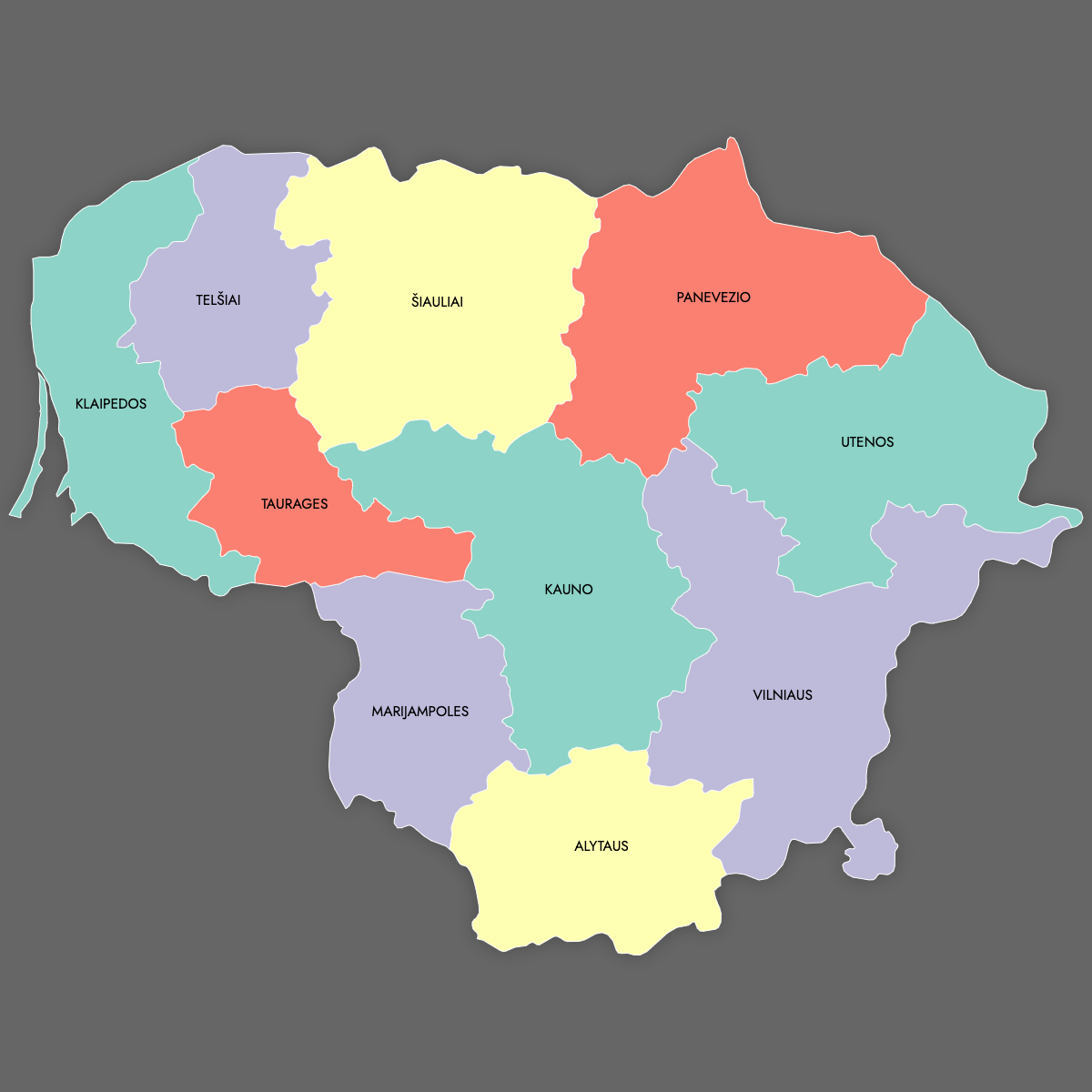 Custom Map of Lithuania Counties with Labels (Dark Theme)