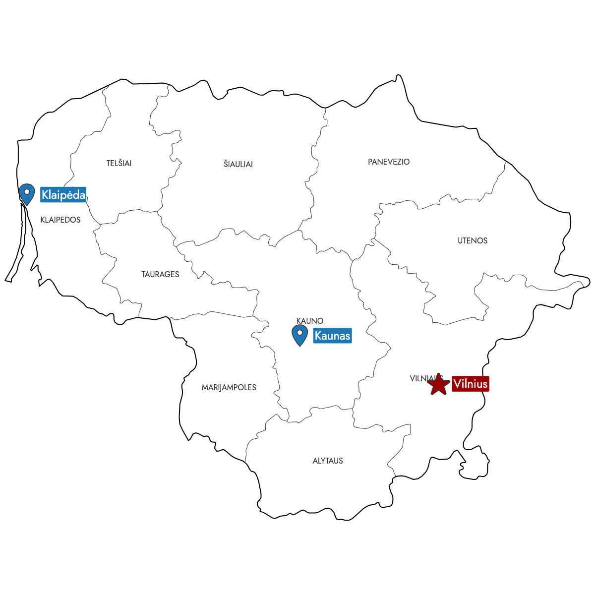 Map of Lithuania Counties with Pins