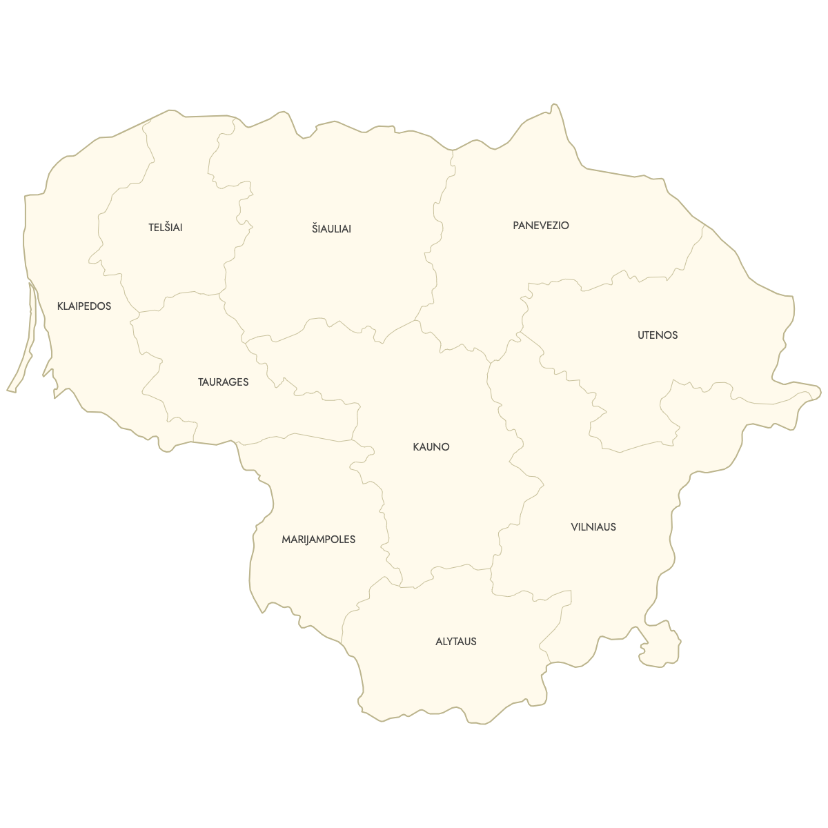 Unstyled Map of Lithuania Counties With Labels