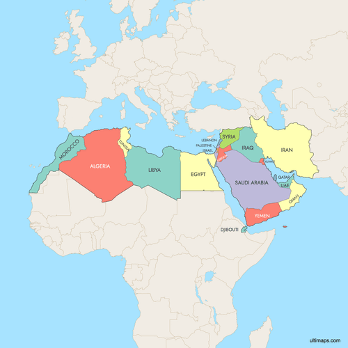 Preview of Colored Map of MENA Countries with Surrounding Areas