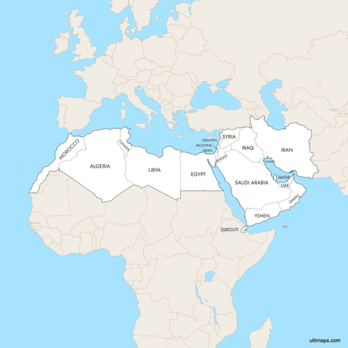 Preview of Labeled Map of MENA Countries with Surrounding Areas