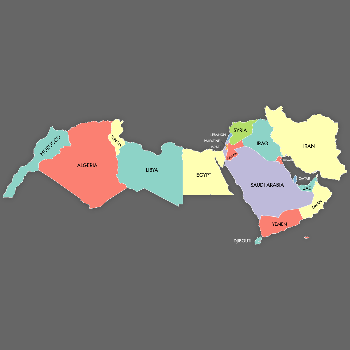 Custom Map of MENA Countries with Labels (Dark Theme)