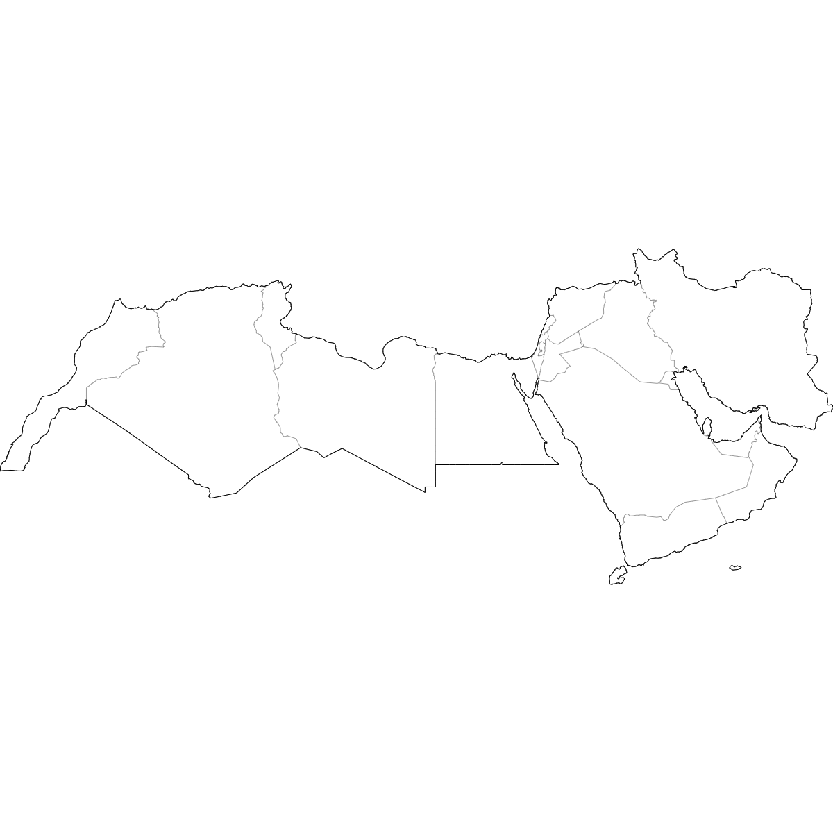 Blank outline map of MENA showing country borders