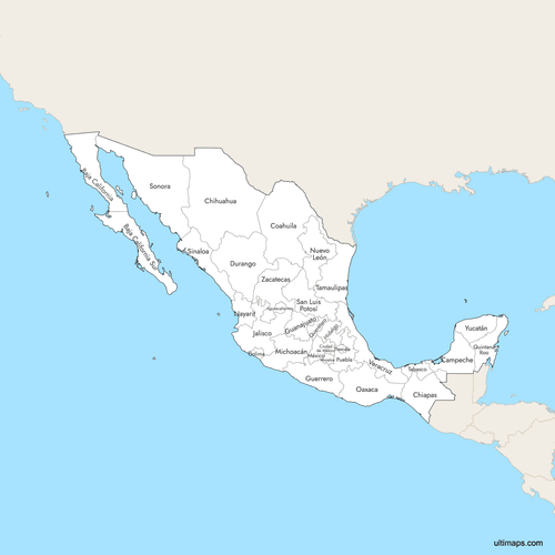 Preview of Labeled Map of Mexico States with Surrounding Areas