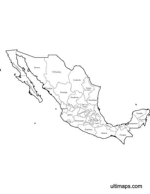 Preview of Labeled Map of Mexico States (Letter)
