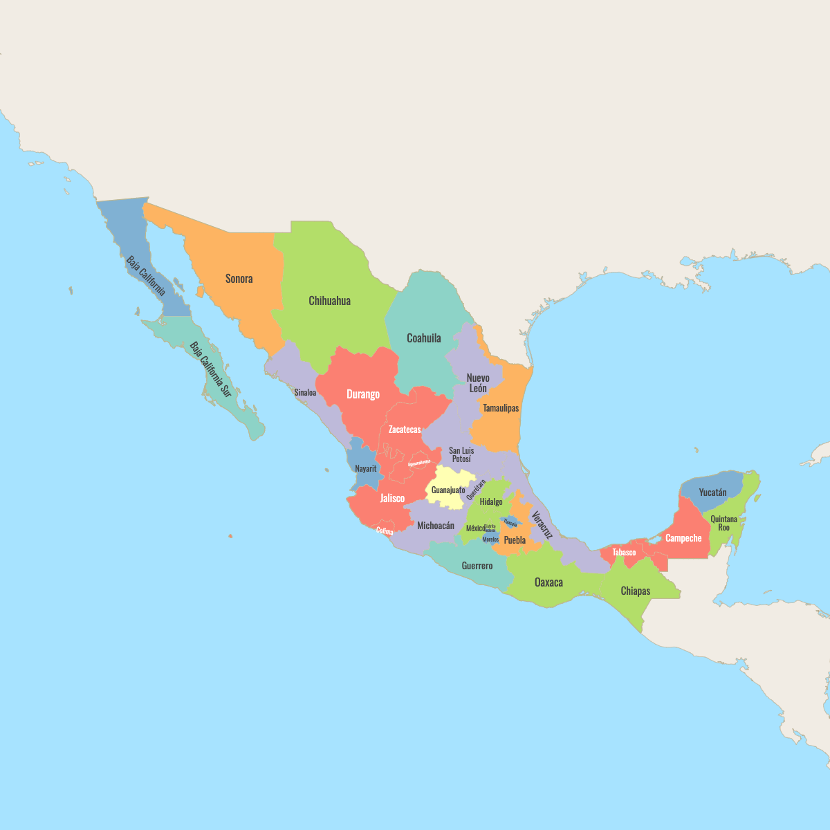 Map of Mexico States with surrounding areas