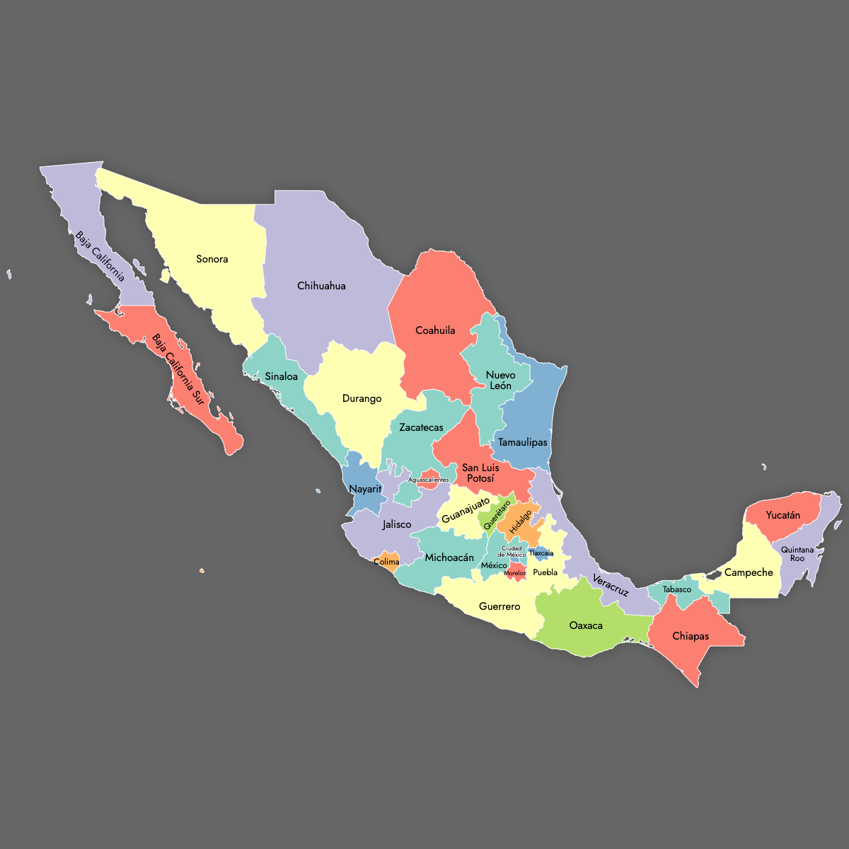 Custom Map of Mexico States with Labels (Dark Theme)