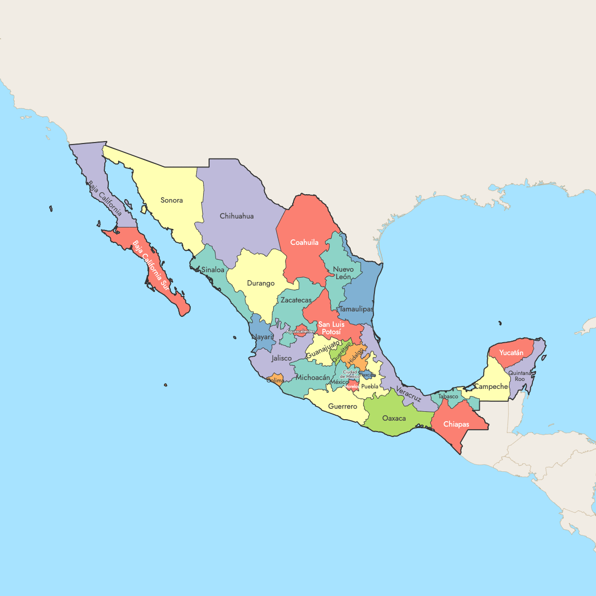 Custom Map of Mexico States with Surrounding Areas
