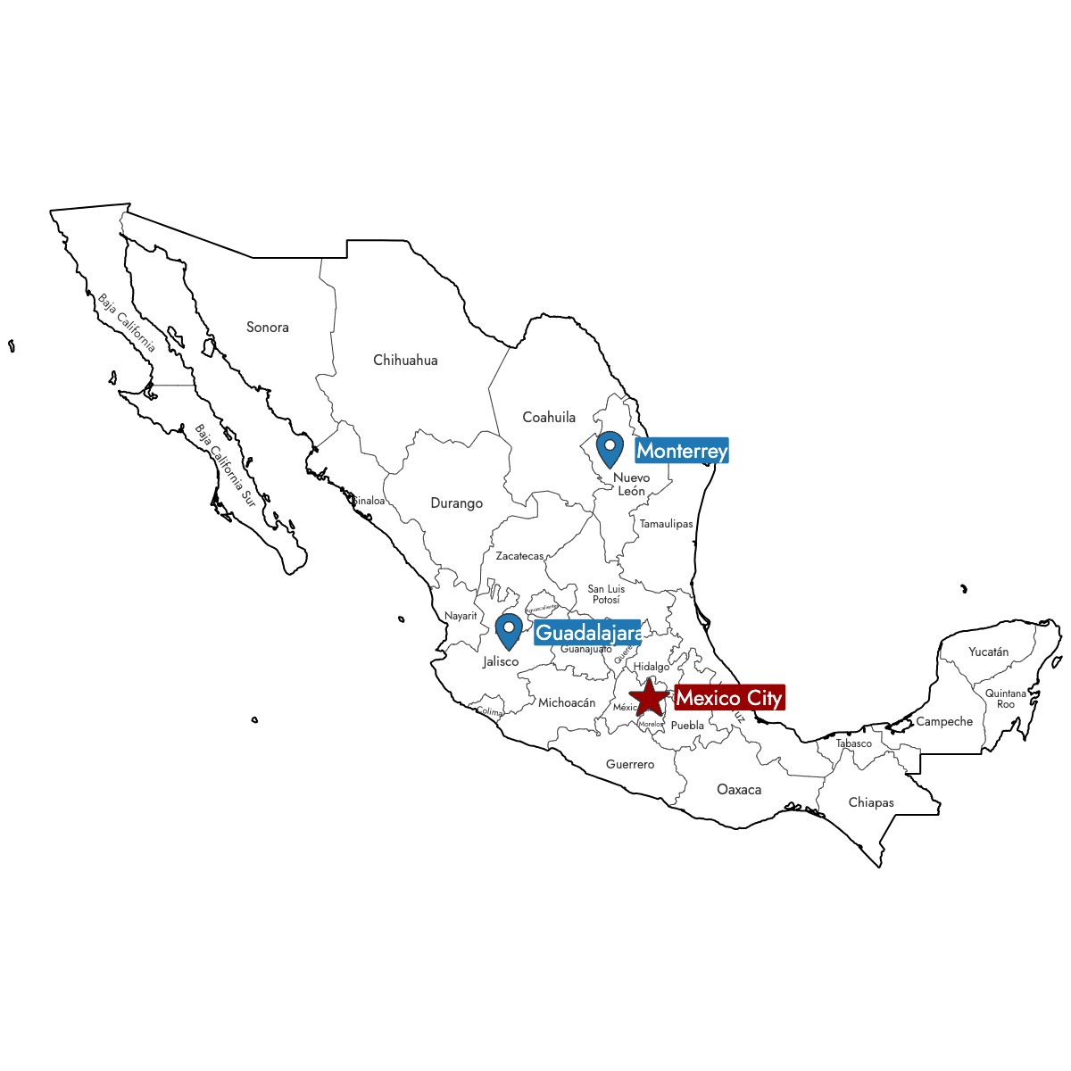 Map of Mexico States with Pins