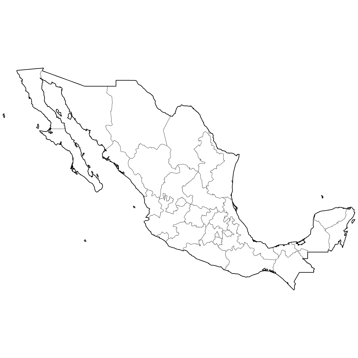 Outlined Map of Mexico States