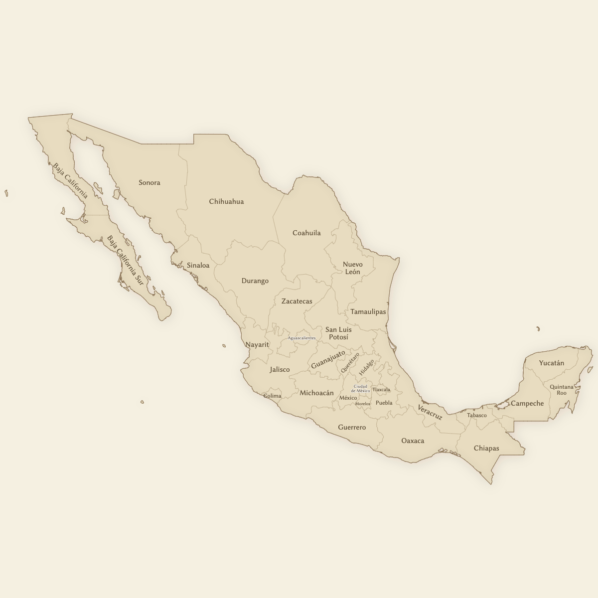 Styled Map of Mexico States (Vintage Theme)