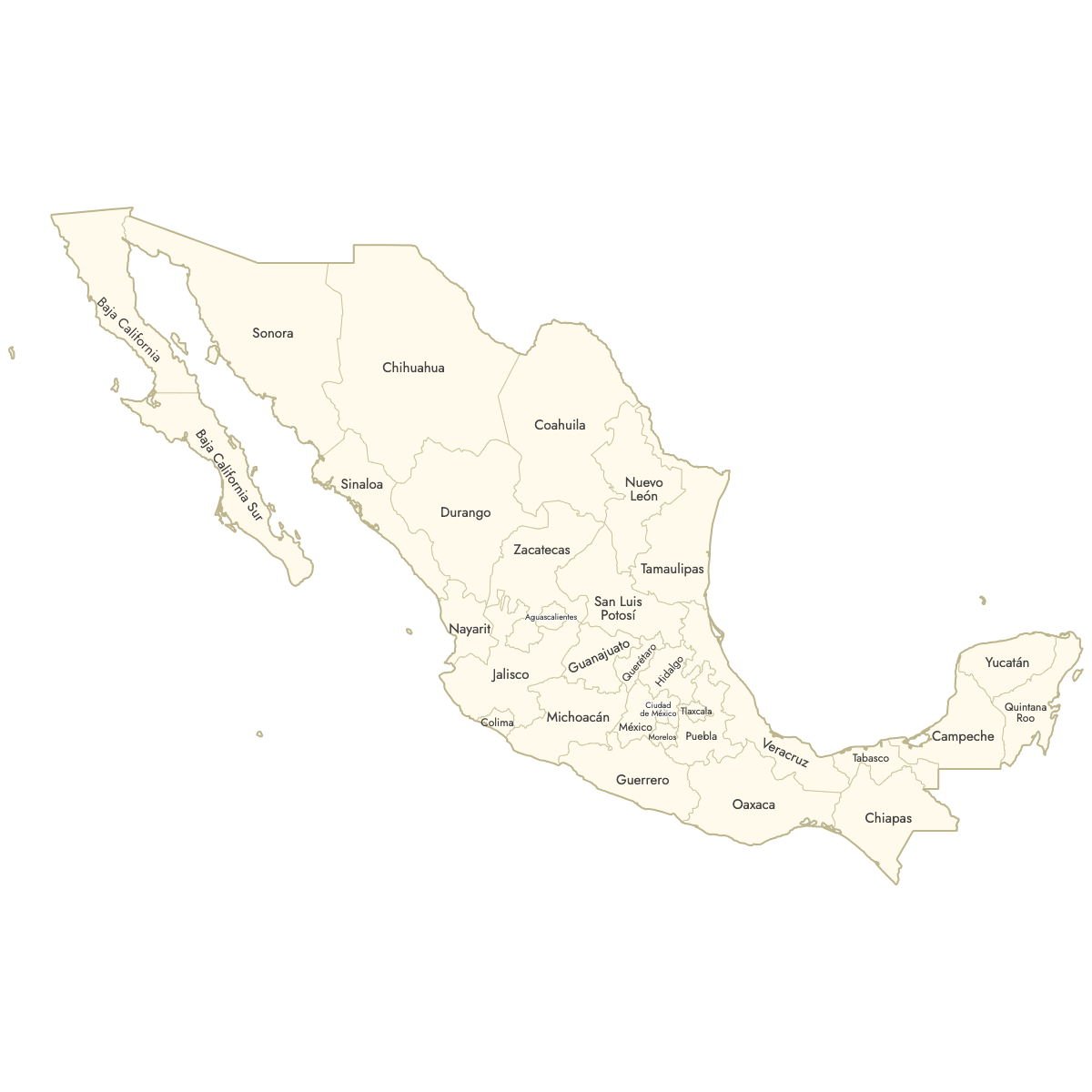 Unstyled Map of Mexico States With Labels