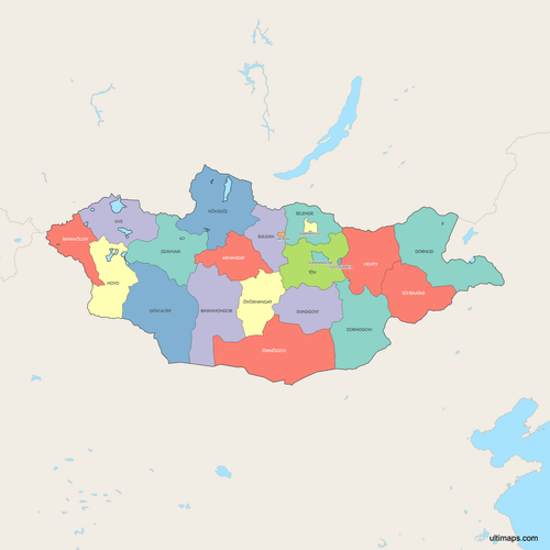 Preview of Colored Map of Mongolia Provinces with Surrounding Areas