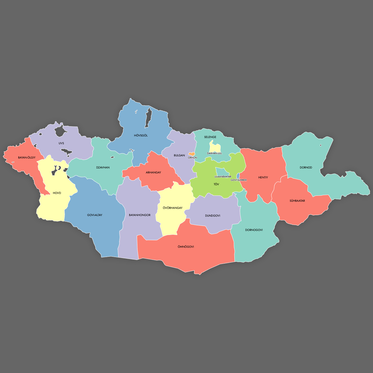 Custom Map of Mongolia Provinces with Labels (Dark Theme)