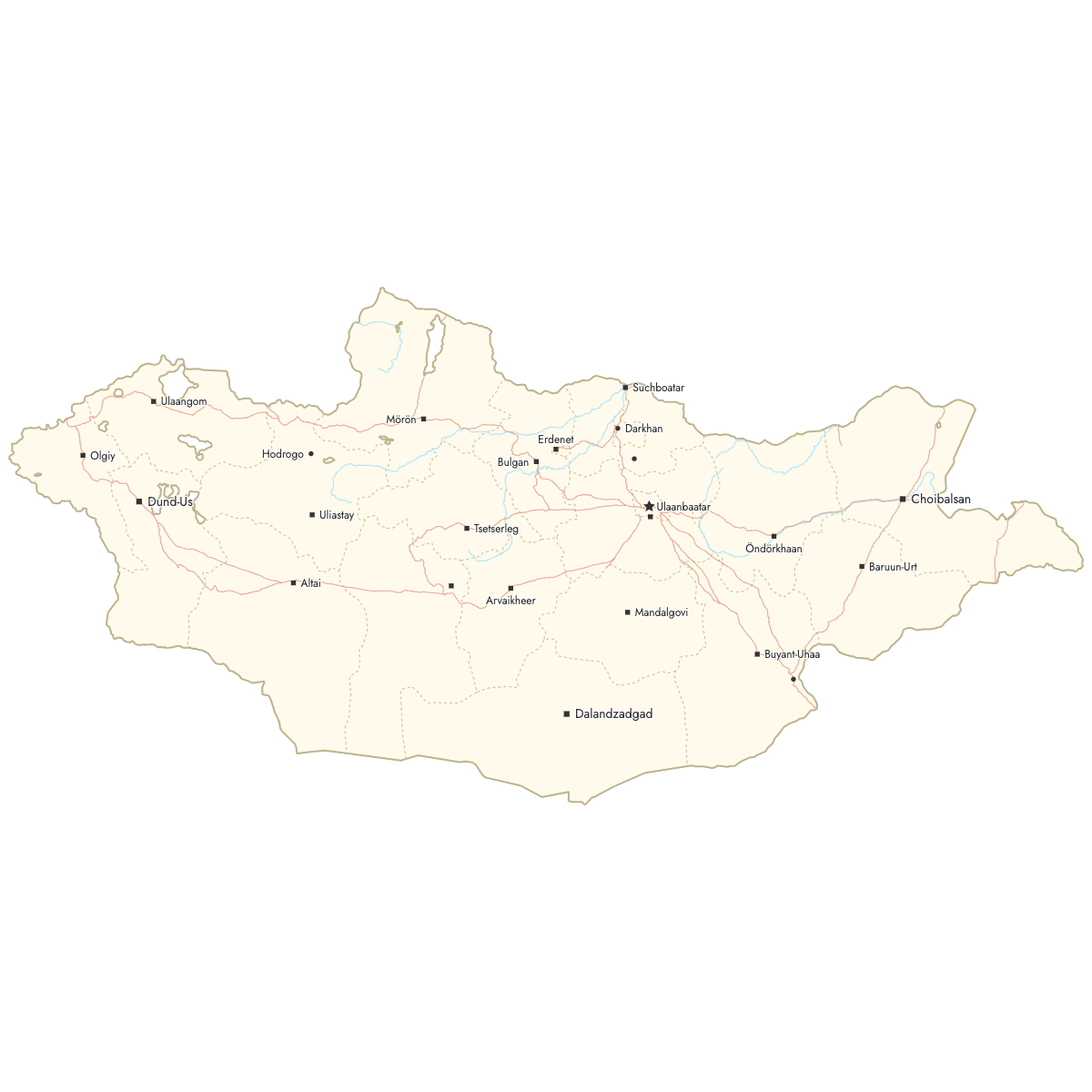 Custom Map of Mongolia Provinces with Cities