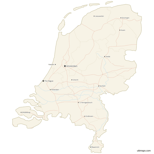 Map of the Netherlands with Cities and Roads