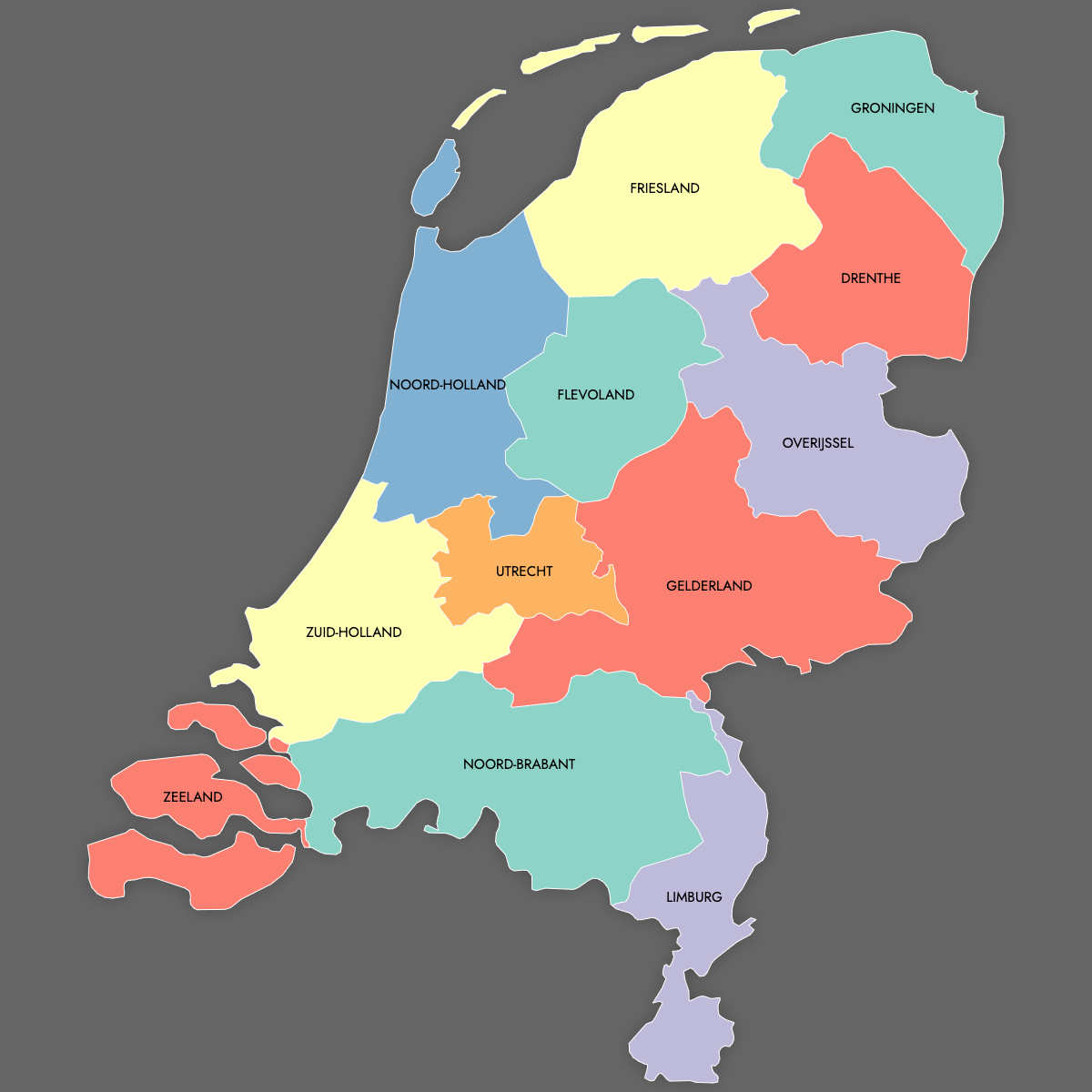 Custom Map of Netherlands Provinces with Labels (Dark Theme)